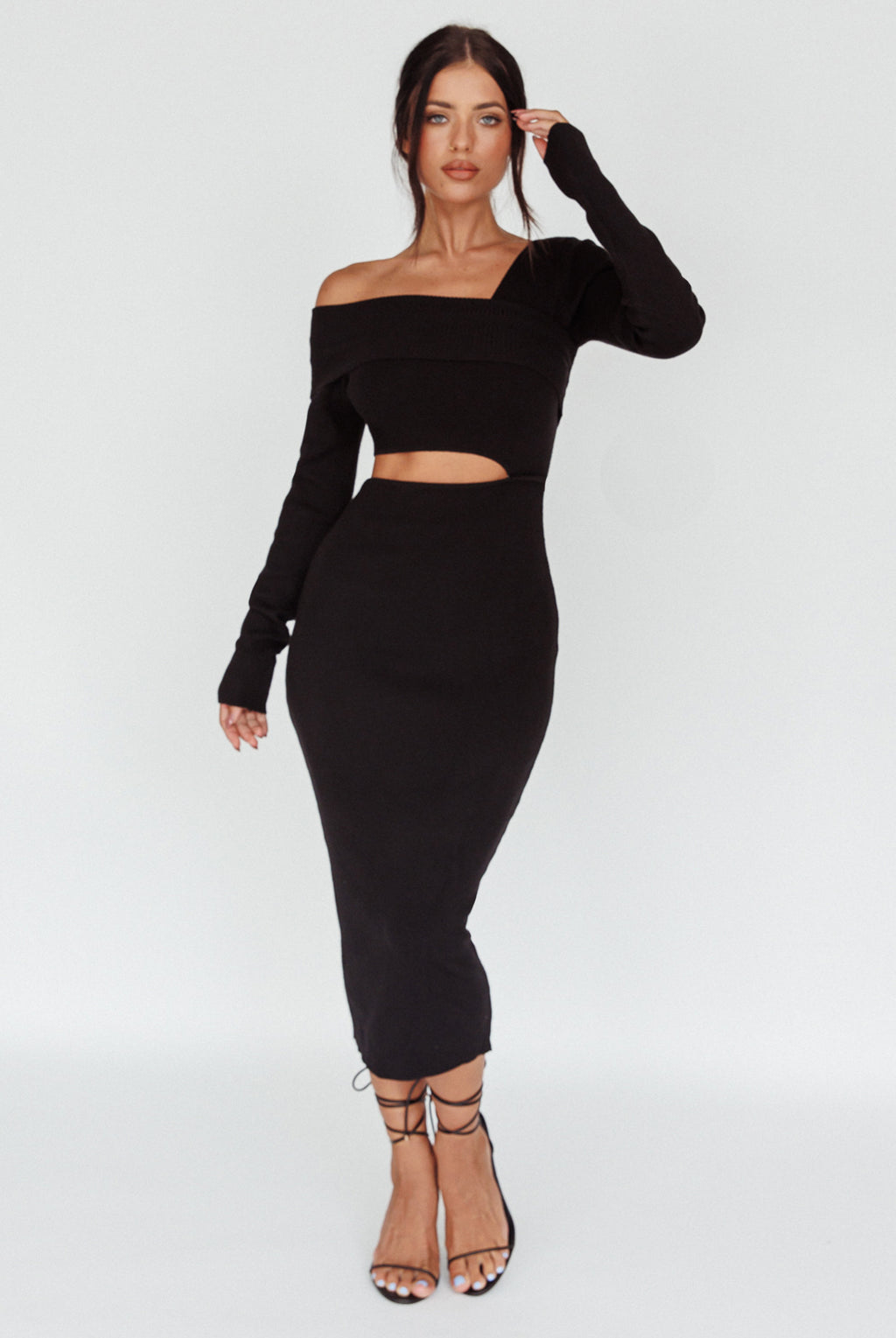 Tamar Long Sleeve One-Shoulder Midi Dress Black by Selfie Leslie