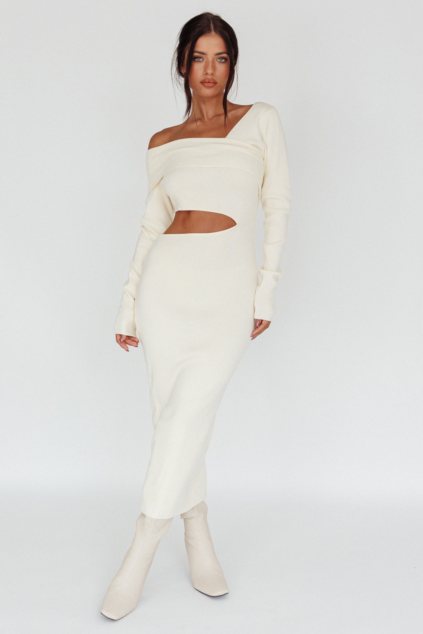 Tamar Long Sleeve One-Shoulder Midi Dress Cream by Selfie Leslie