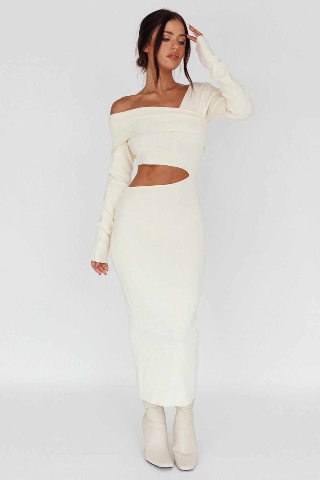 Tamar Long Sleeve One-Shoulder Midi Dress Cream by Selfie Leslie