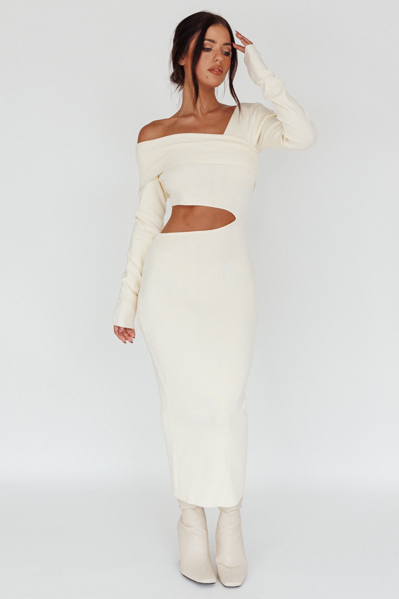 Tamar Long Sleeve One-Shoulder Midi Dress Cream by Selfie Leslie