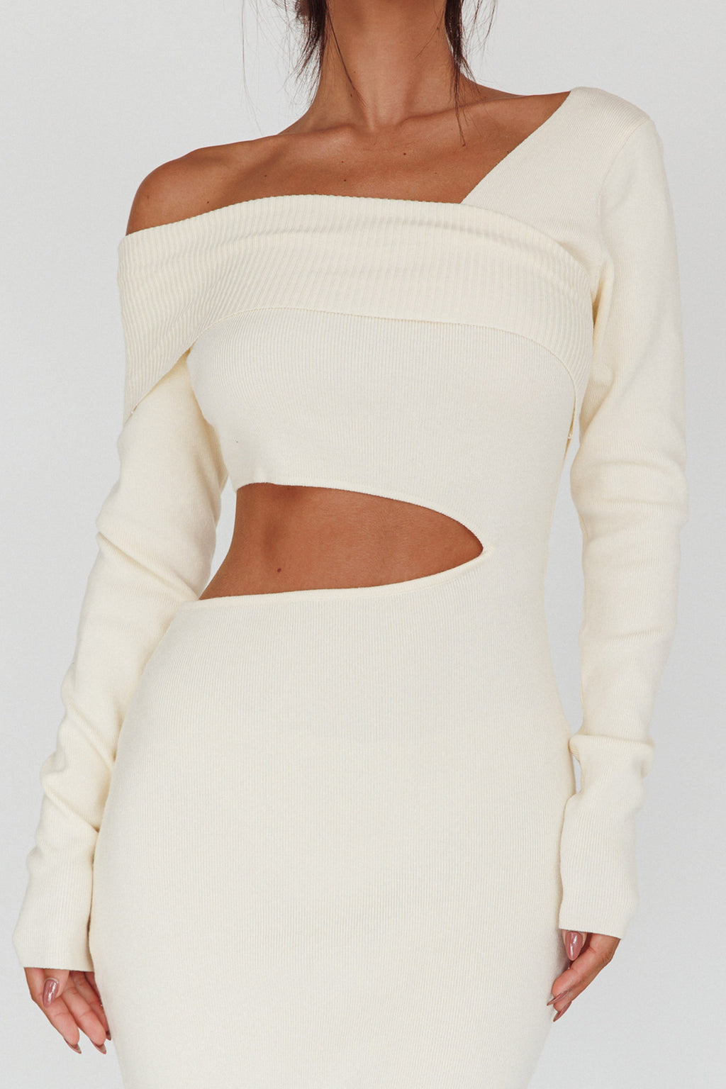Tamar Long Sleeve One-Shoulder Midi Dress Cream by Selfie Leslie