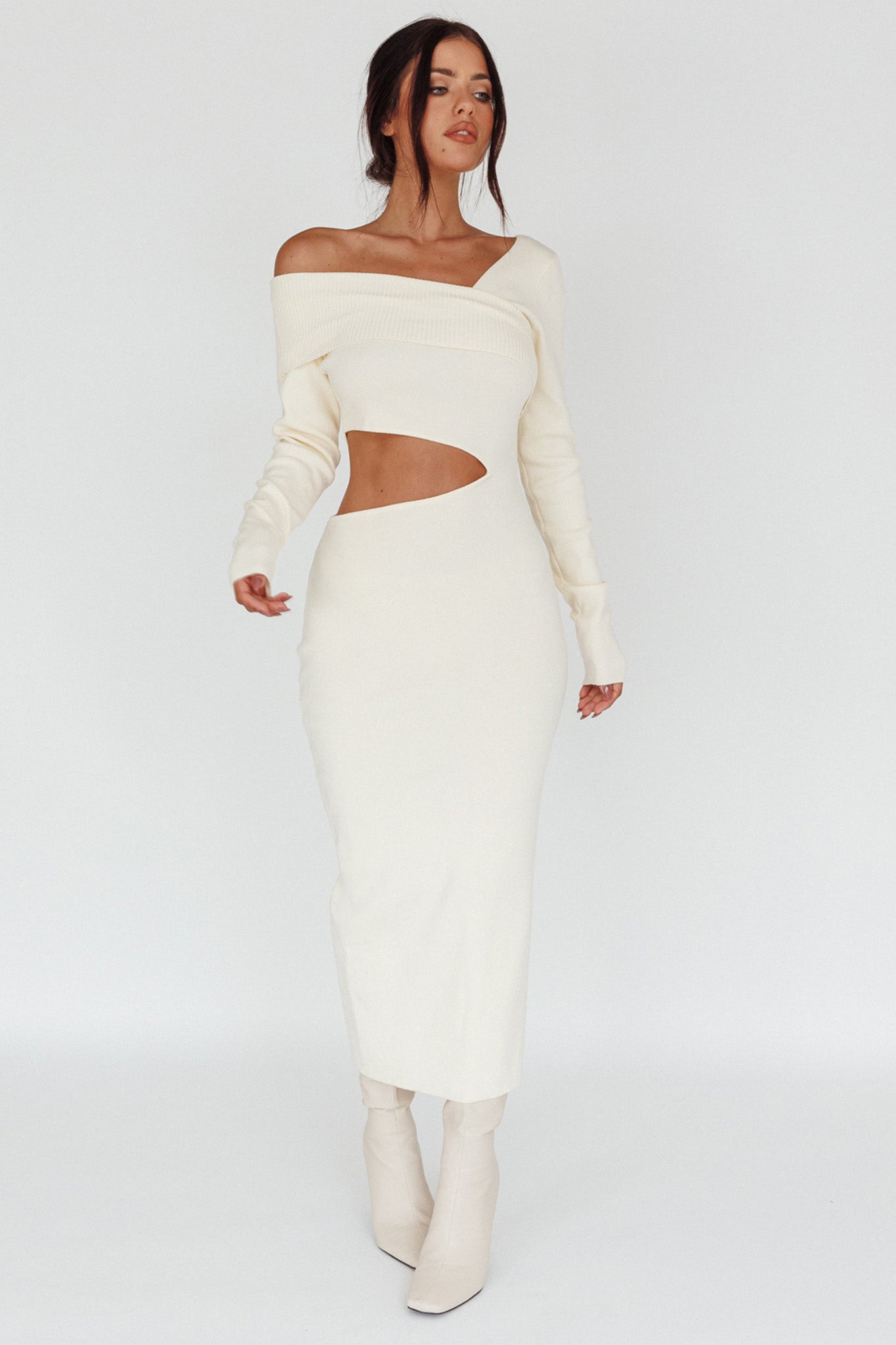 Tamar Long Sleeve One-Shoulder Midi Dress Cream by Selfie Leslie