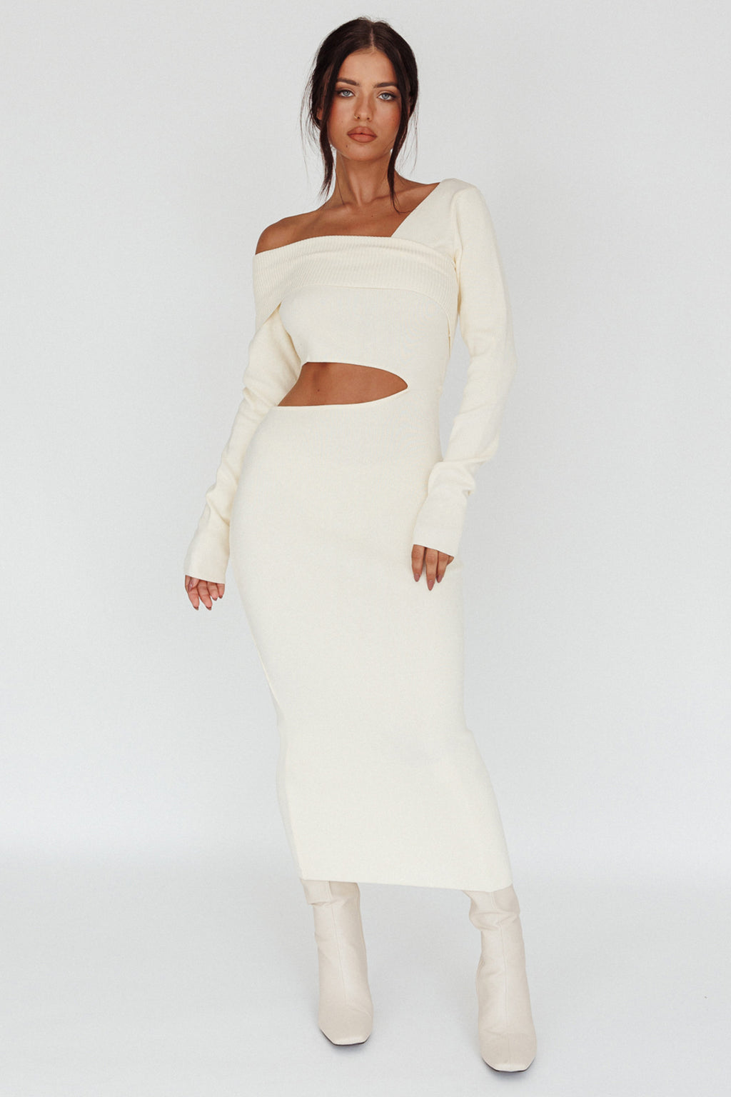 Tamar Long Sleeve One-Shoulder Midi Dress Cream by Selfie Leslie