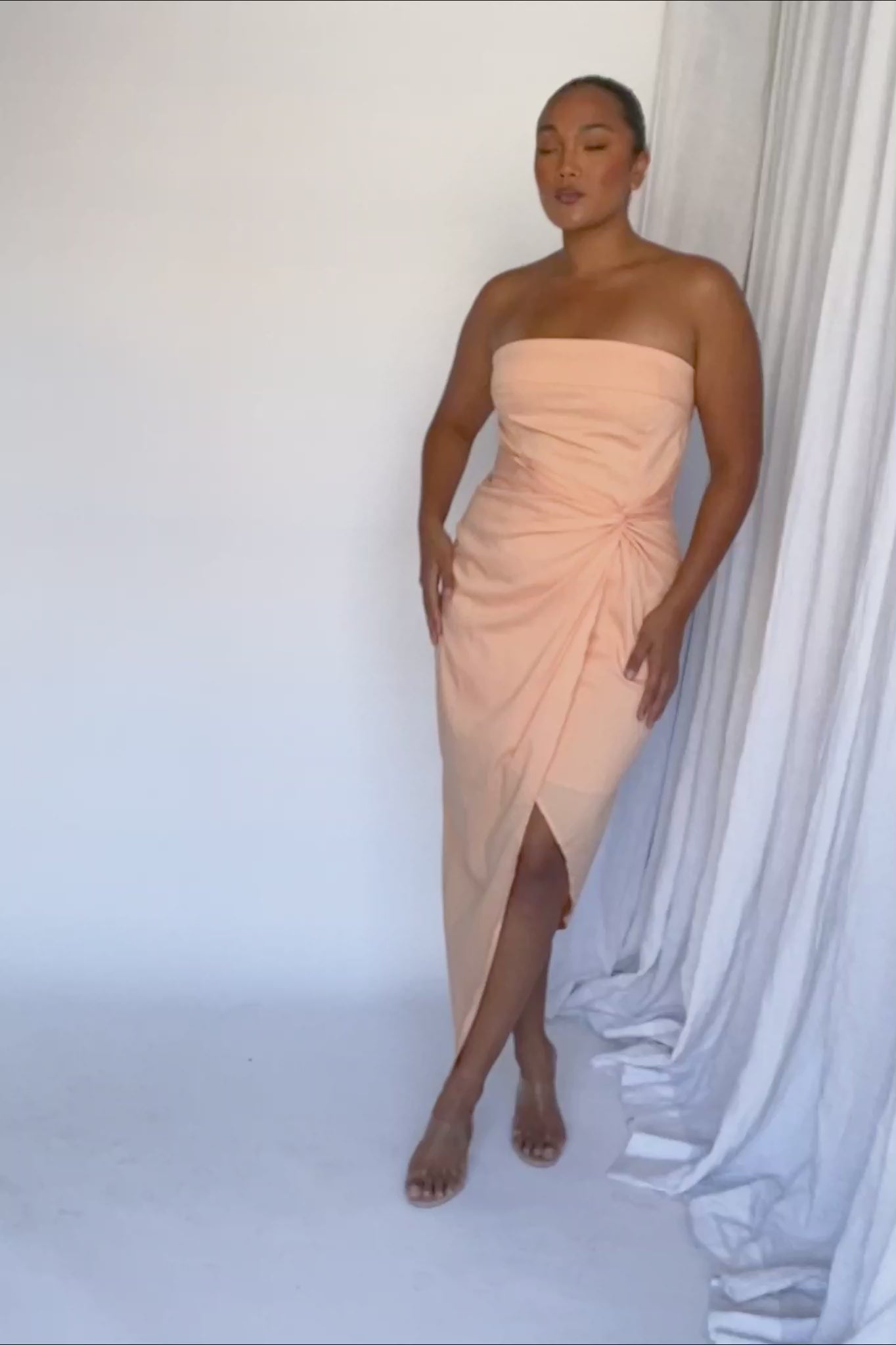 Last Looks Strapless Wrap Midi Dress Peach