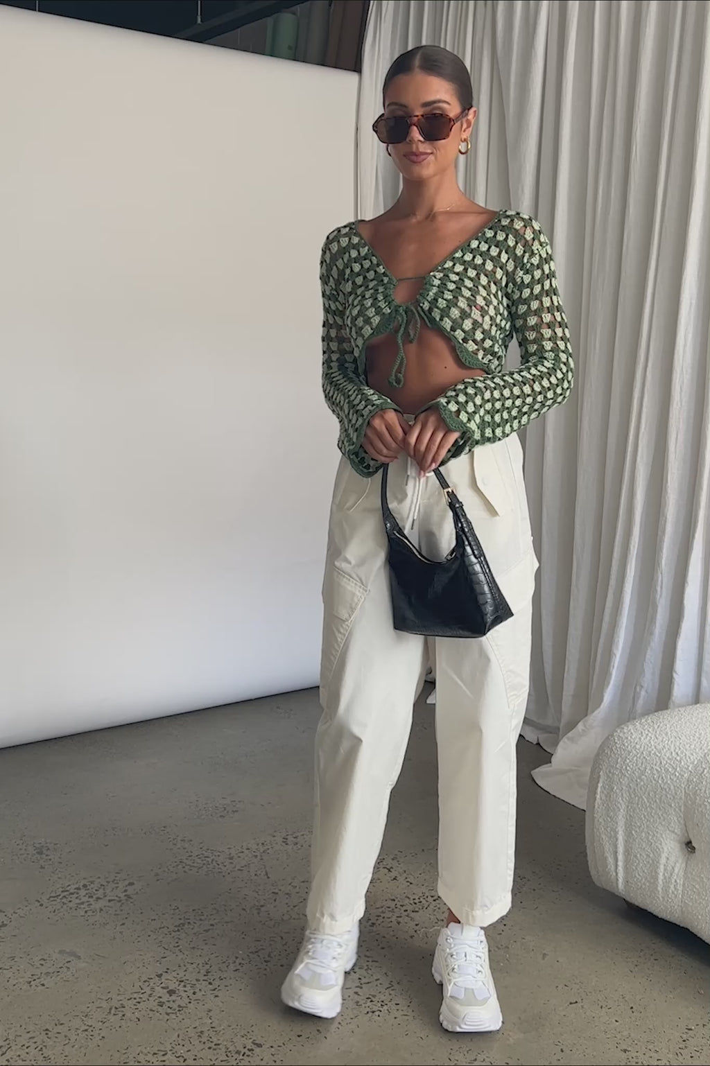 Maycie Long Sleeve Crochet Crop Top Green Multi