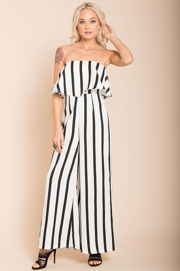 Posh Pin Stripe Ruffle Jumpsuit White by Selfie Leslie