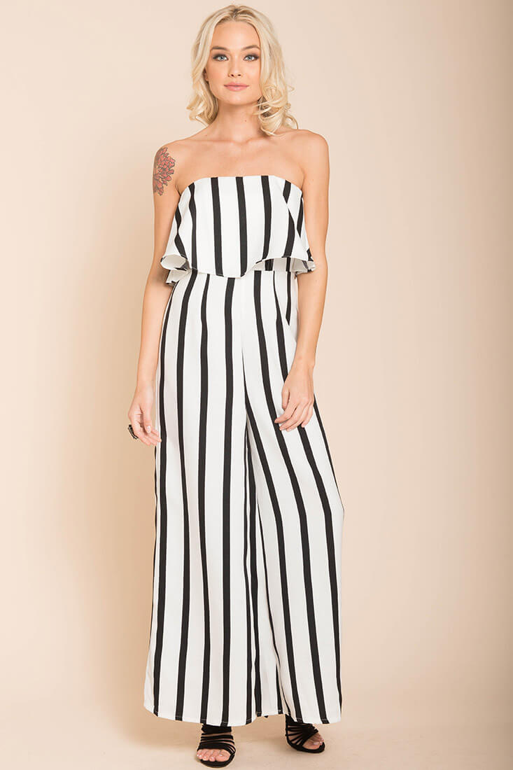 Posh Pin Stripe Ruffle Jumpsuit White by Selfie Leslie