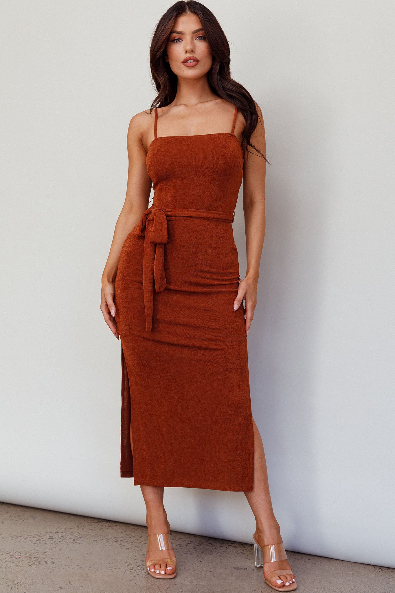 Serenade Me Square Neckline Side Split Midi Dress Cinnamon by Selfie Leslie