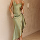 Morning Sun Cowl Neckline Asymmetrical Hem Midi Dress Olive