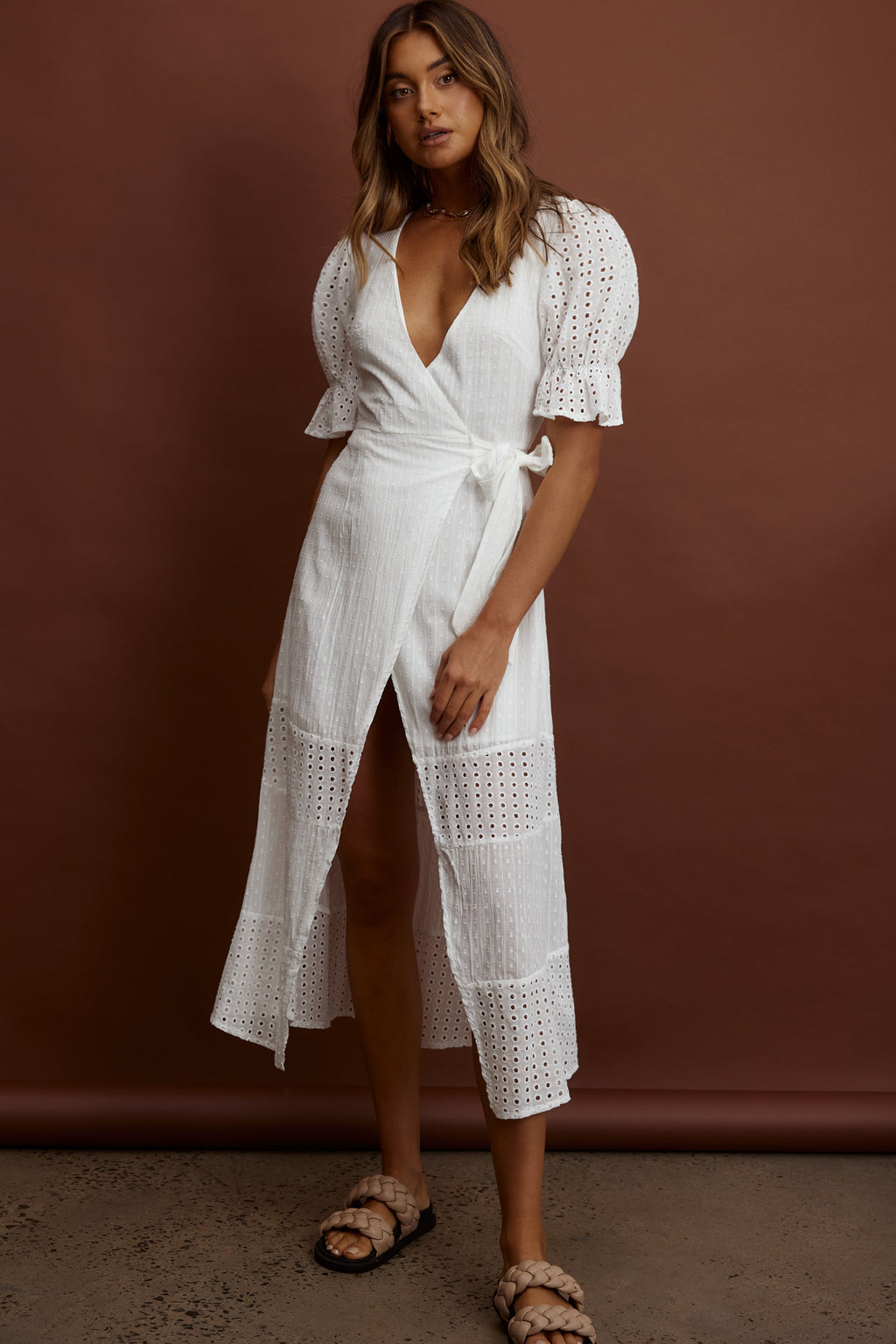 Arlington Eyelet Detail Wrap Midi Dress White by Selfie Leslie
