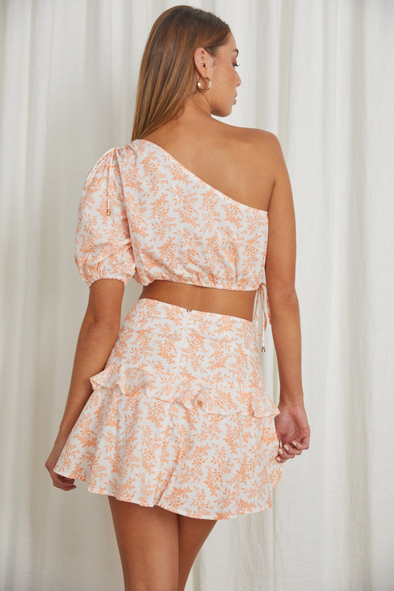 Georgette One-Shoulder Crop Top Floral Orange by Selfie Leslie