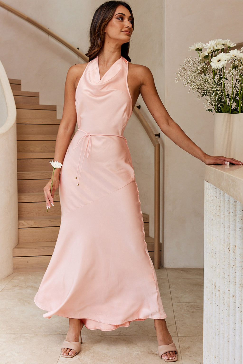 India Cowl Halterneck Satin Maxi Dress Blush by Selfie Leslie