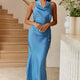 India Cowl Halterneck Satin Maxi Dress Midnight Blue