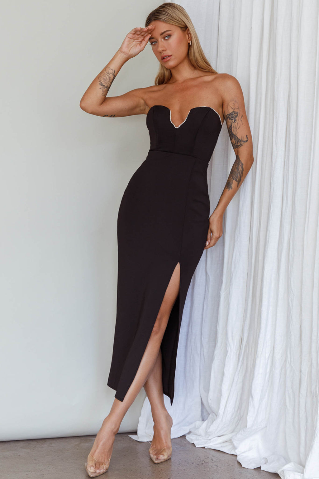 Mystic Diamante Neckline Midi Dress Black by Selfie Leslie