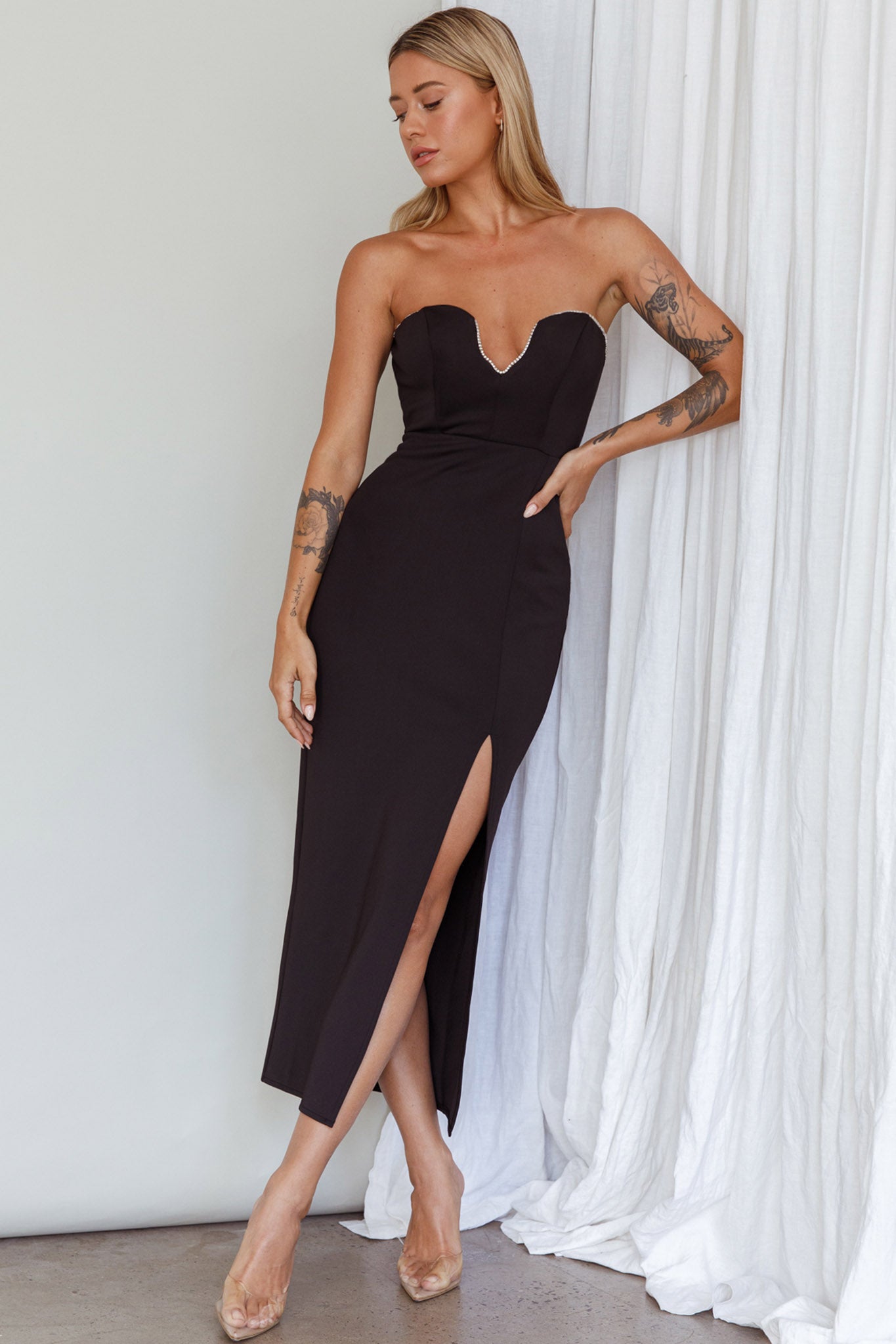 Mystic Diamante Neckline Midi Dress Black by Selfie Leslie
