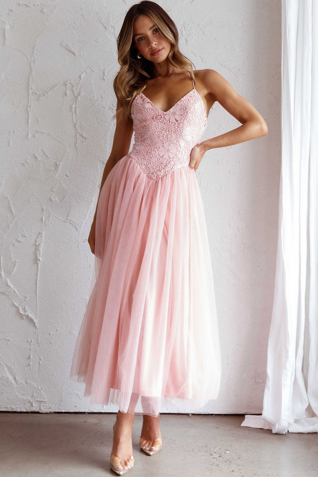 Novoli Floral Embroidery Midi Dress Blush by Selfie Leslie