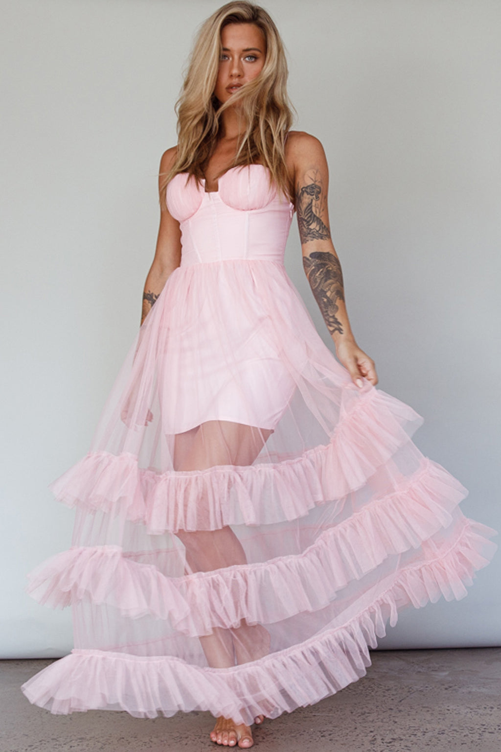 Moonlight Sonata Ruffle Mesh Maxi Dress Cameo Pink by Selfie Leslie