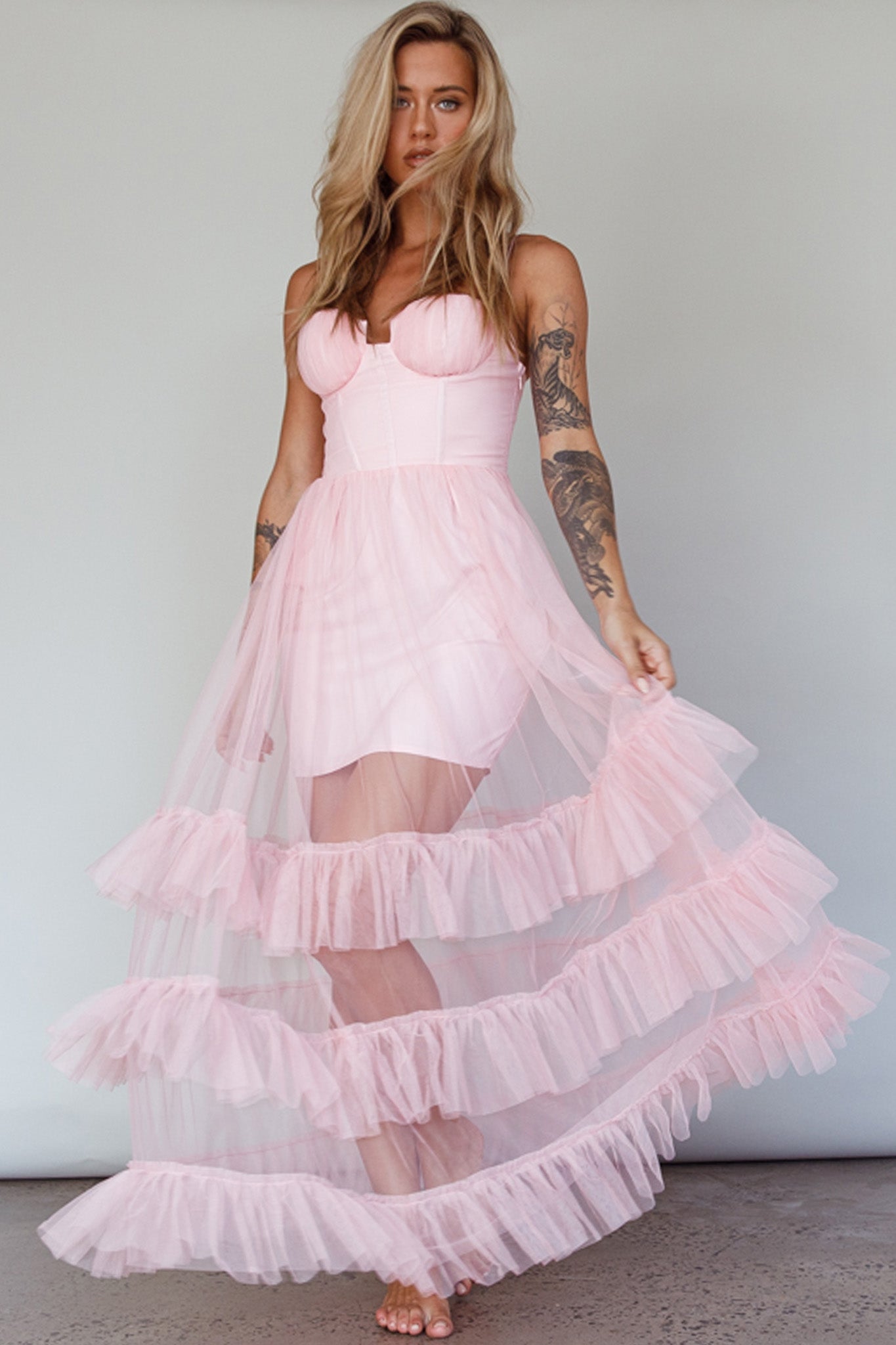 Moonlight Sonata Ruffle Mesh Maxi Dress Cameo Pink by Selfie Leslie