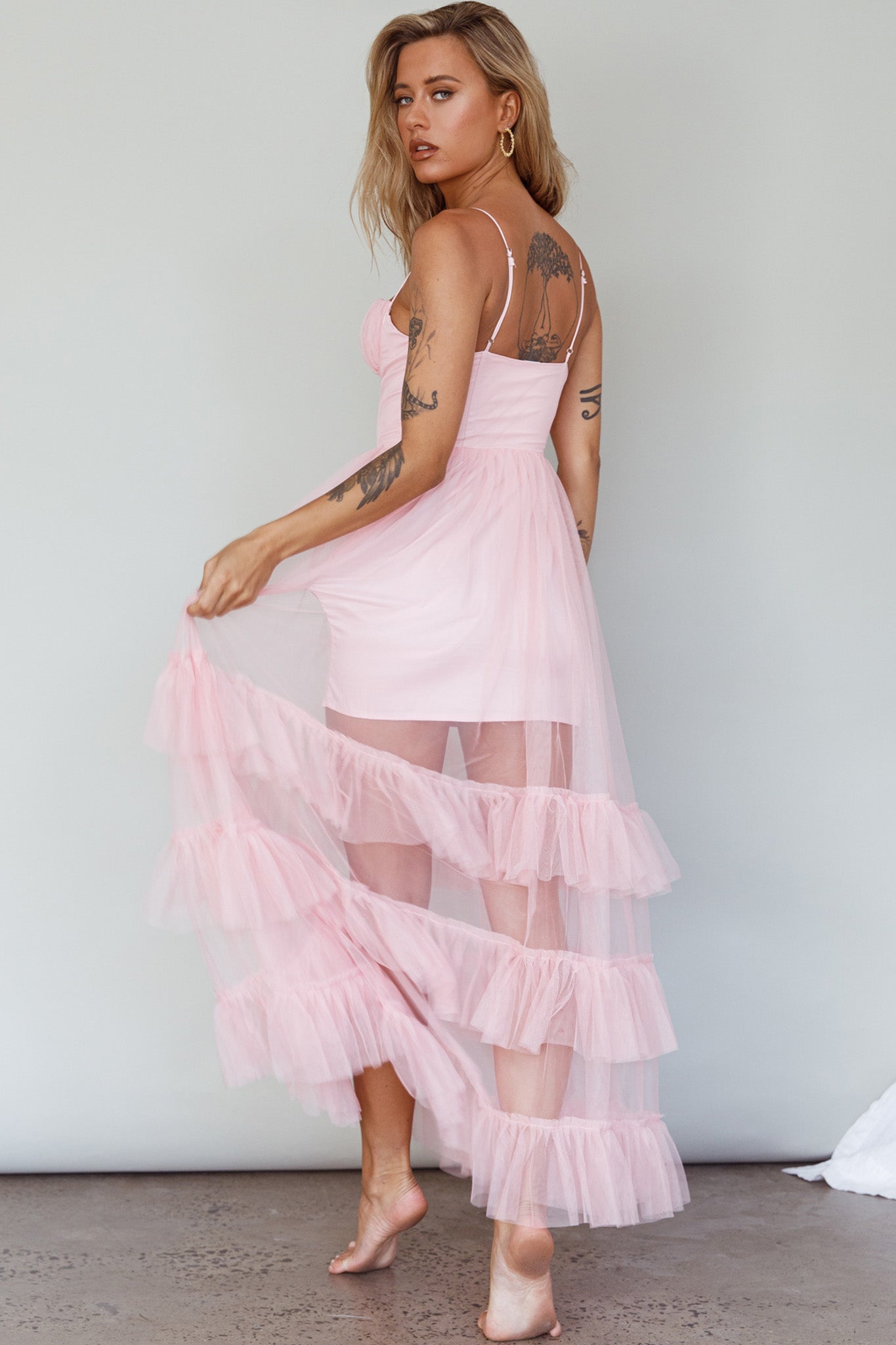 Moonlight Sonata Ruffle Mesh Maxi Dress Cameo Pink by Selfie Leslie
