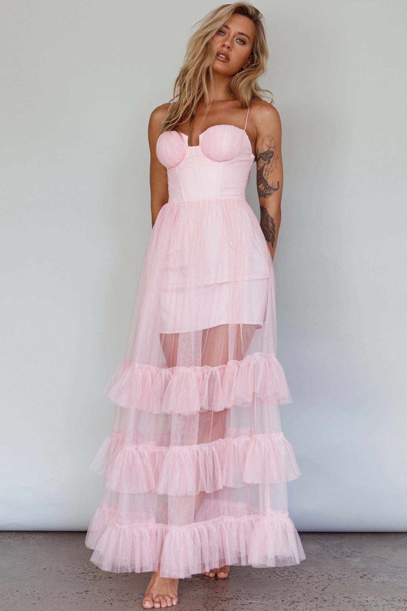 Moonlight Sonata Ruffle Mesh Maxi Dress Cameo Pink by Selfie Leslie