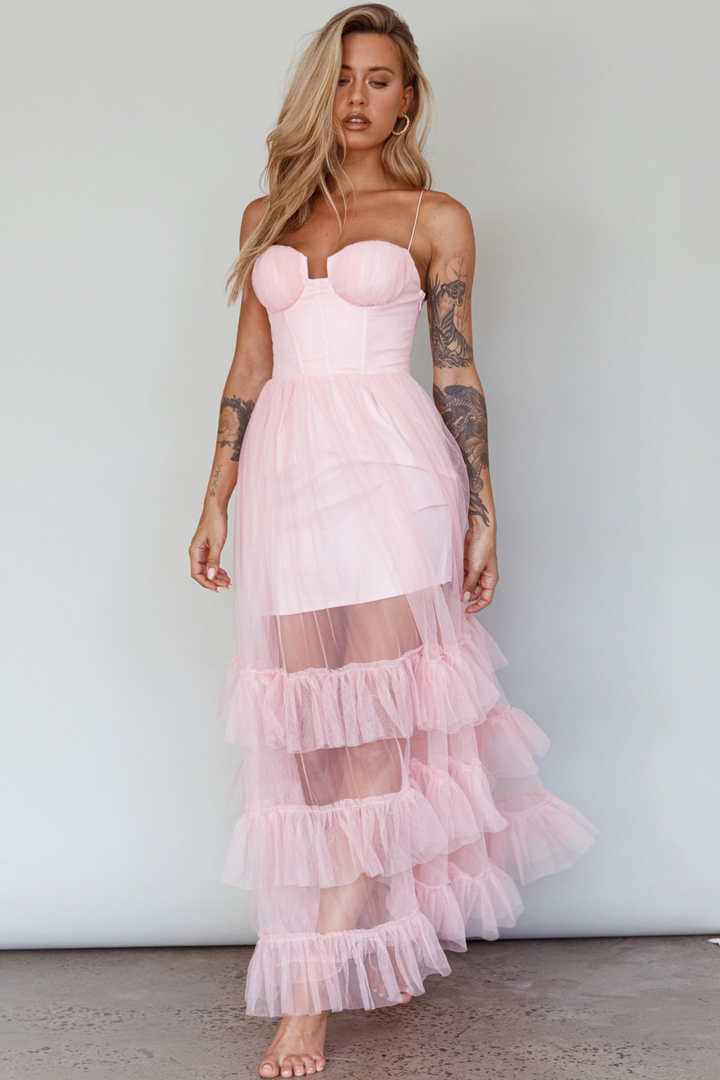 Moonlight Sonata Ruffle Mesh Maxi Dress Cameo Pink by Selfie Leslie