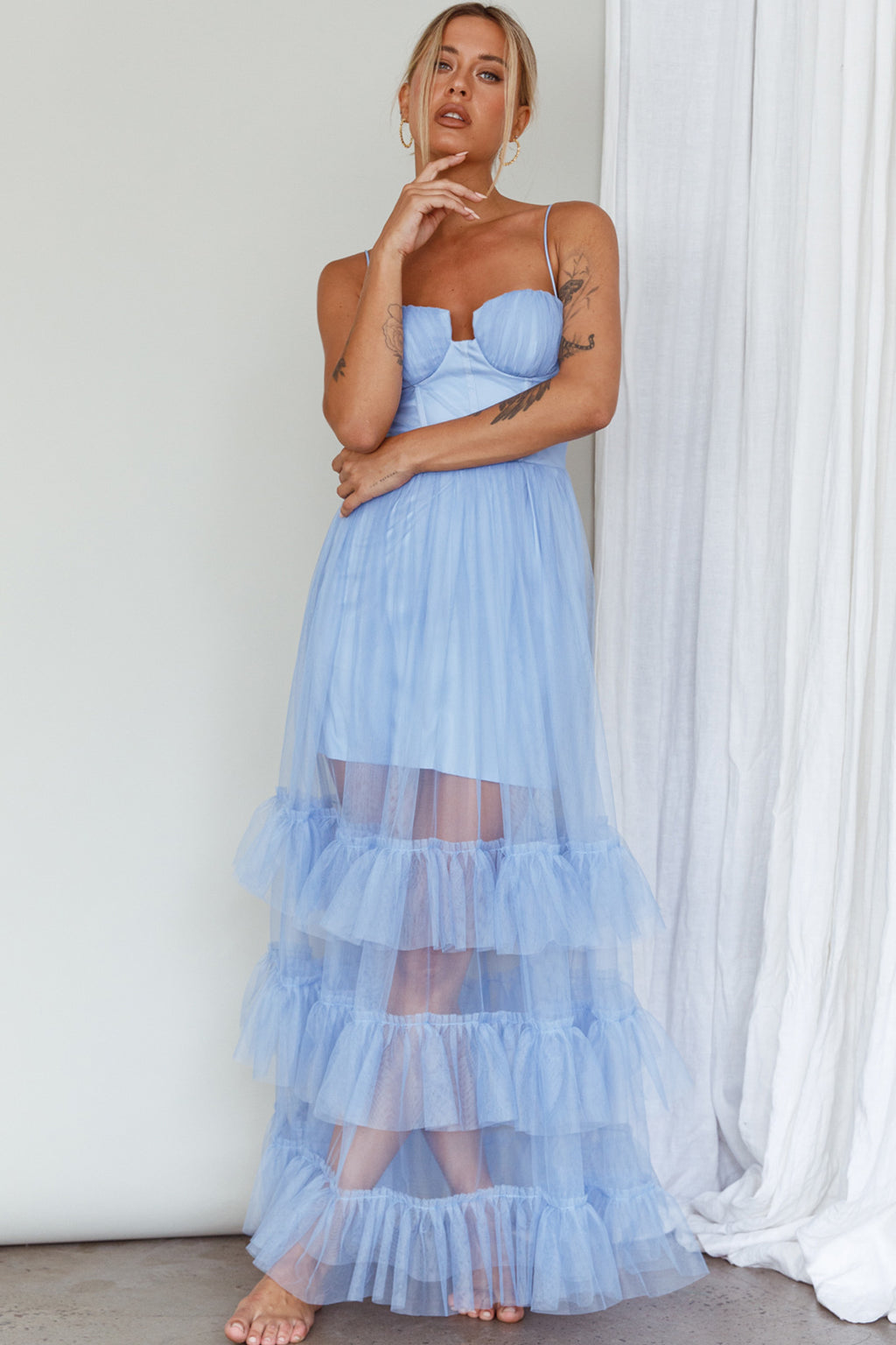 Moonlight Sonata Ruffle Mesh Maxi Dress Sky Blue by Selfie Leslie
