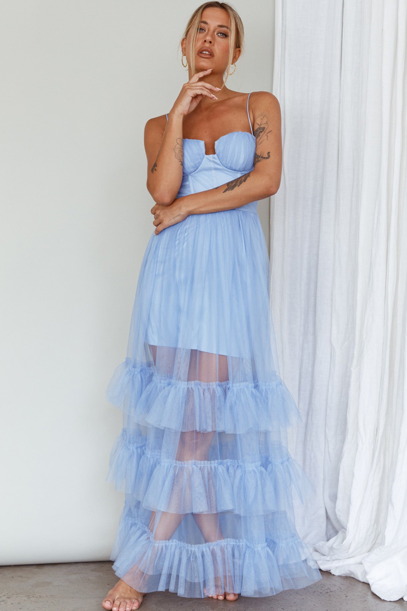 Moonlight Sonata Ruffle Mesh Maxi Dress Sky Blue by Selfie Leslie