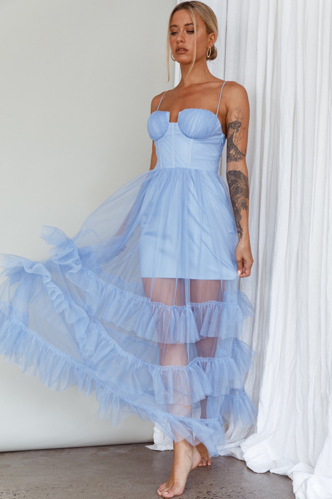 Moonlight Sonata Ruffle Mesh Maxi Dress Sky Blue by Selfie Leslie