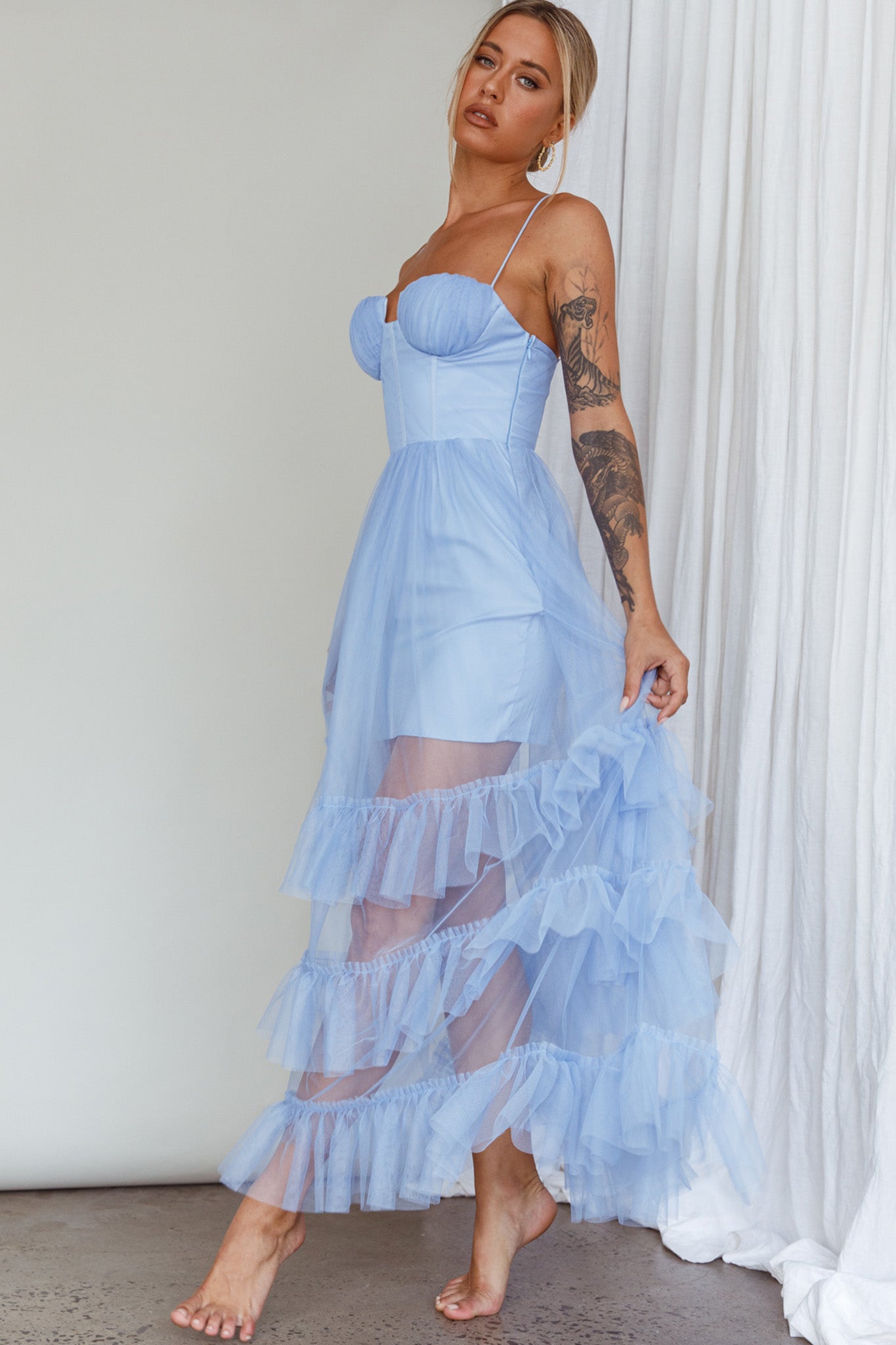 Moonlight Sonata Ruffle Mesh Maxi Dress Sky Blue by Selfie Leslie