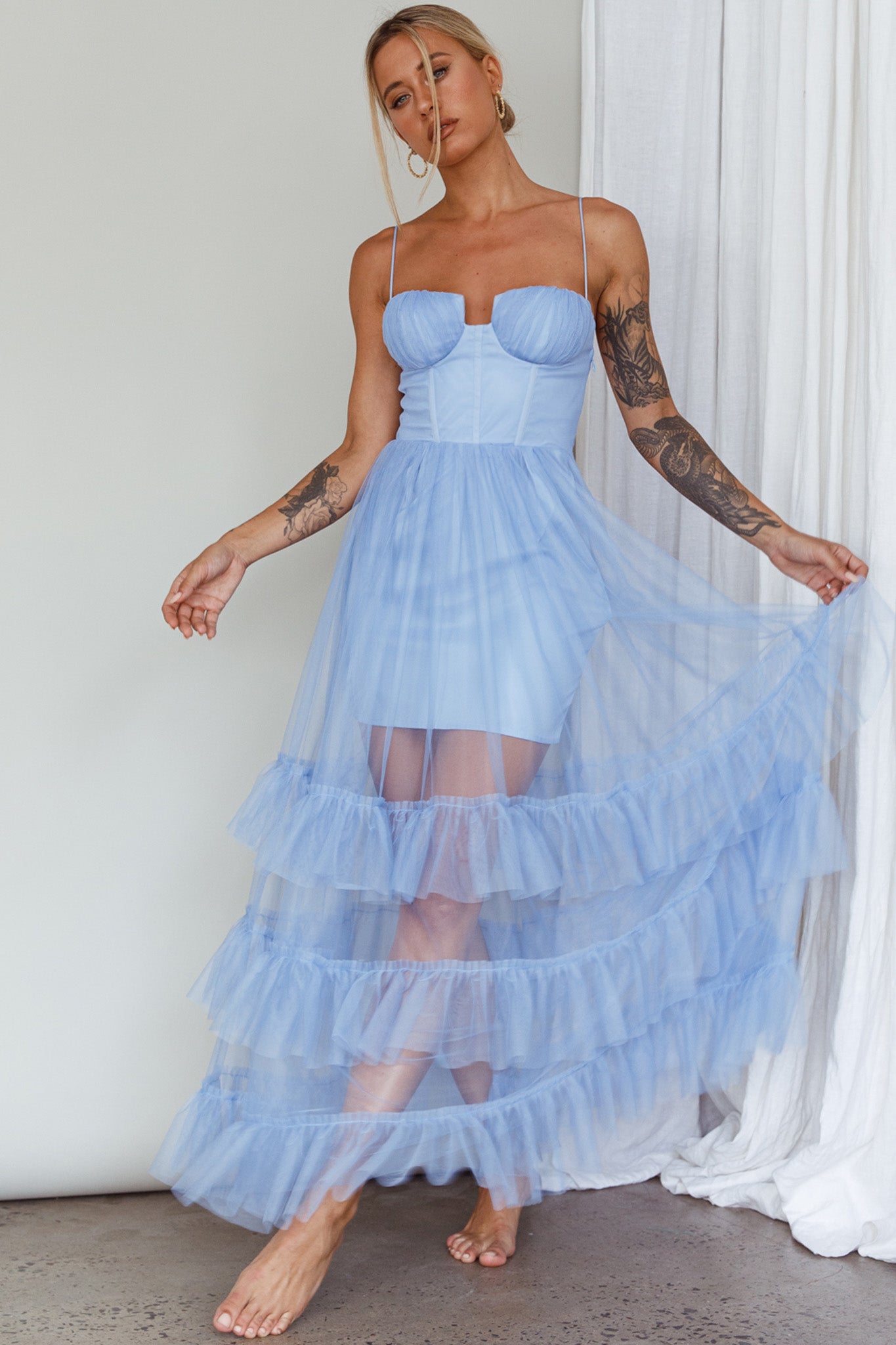 Moonlight Sonata Ruffle Mesh Maxi Dress Sky Blue by Selfie Leslie