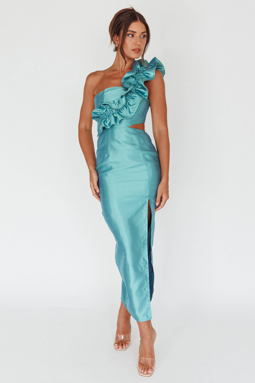 NY Moment Wide Ruffle Shoulder Dress Forest Green by Selfie Leslie