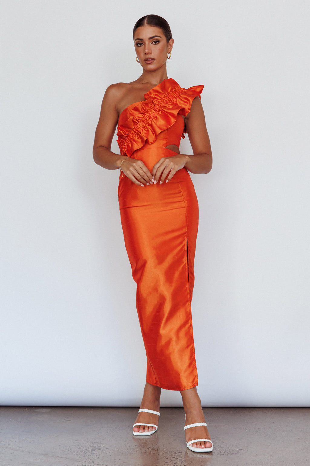 NY Moment Wide Ruffle Shoulder Dress Orange by Selfie Leslie