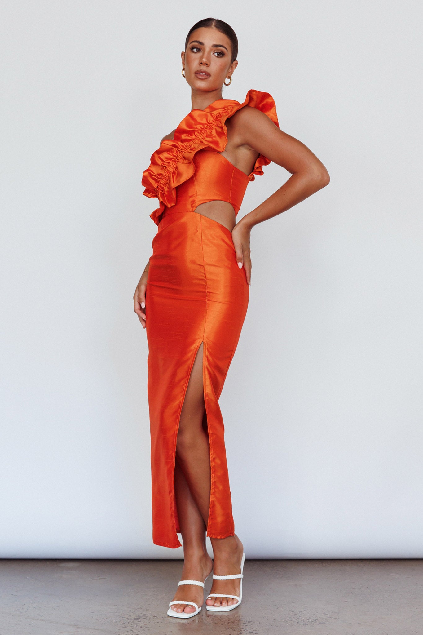 NY Moment Wide Ruffle Shoulder Dress Orange by Selfie Leslie