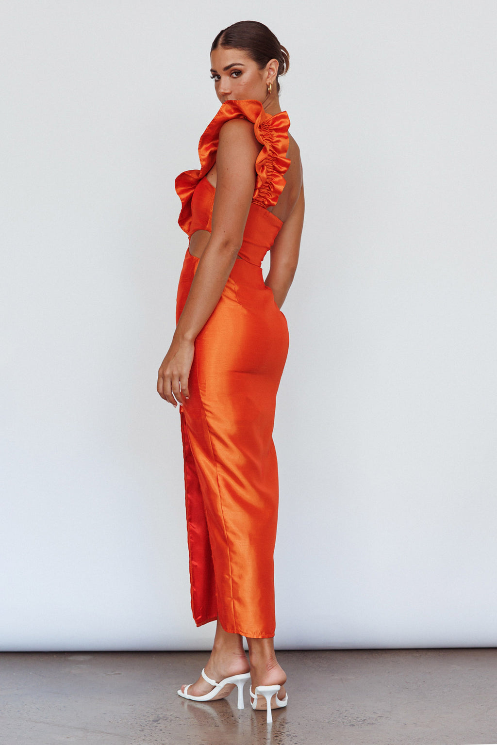 NY Moment Wide Ruffle Shoulder Dress Orange by Selfie Leslie