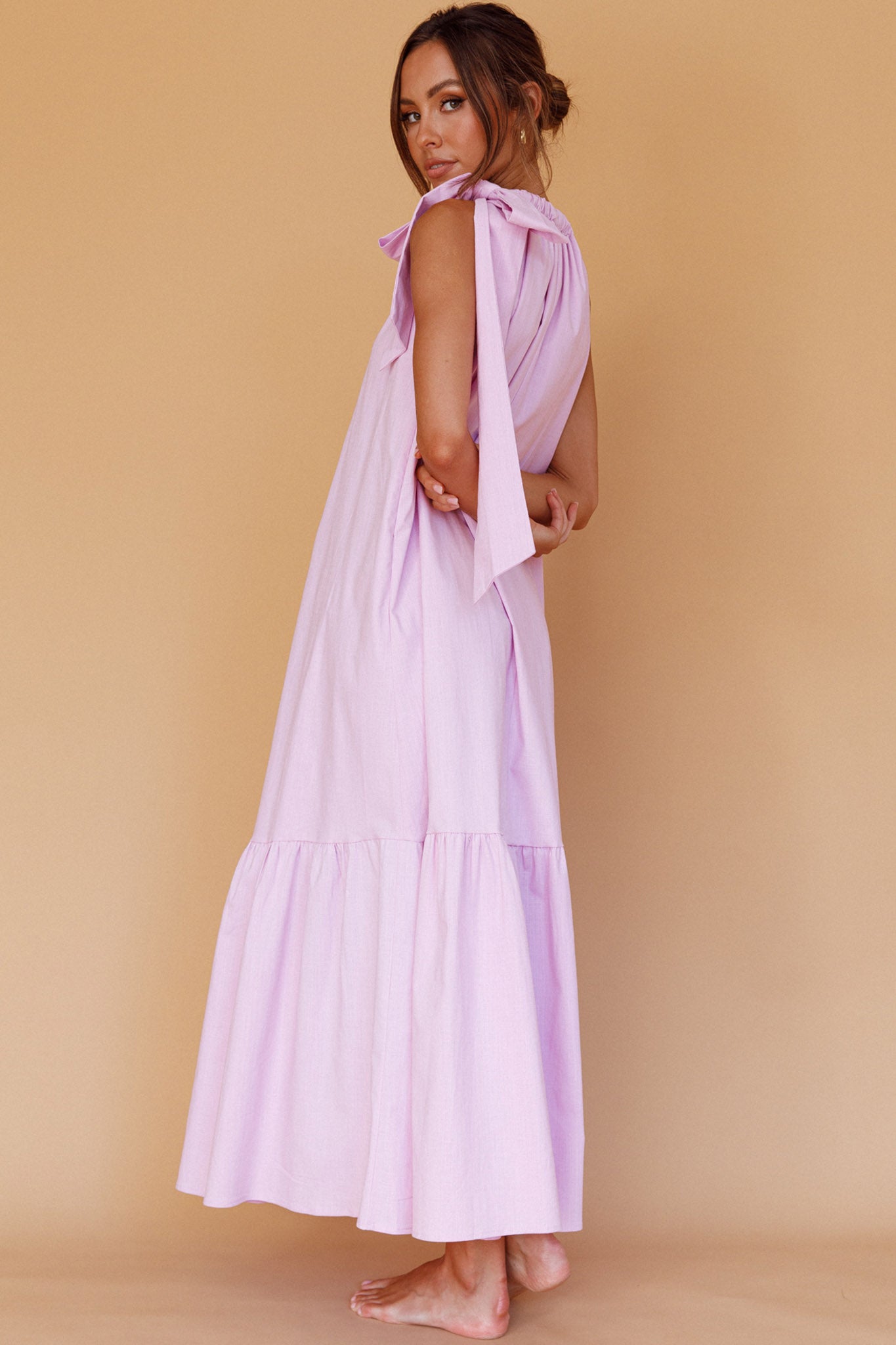 Cruise Shoulder Tie Maxi Dress Lilac by Selfie Leslie