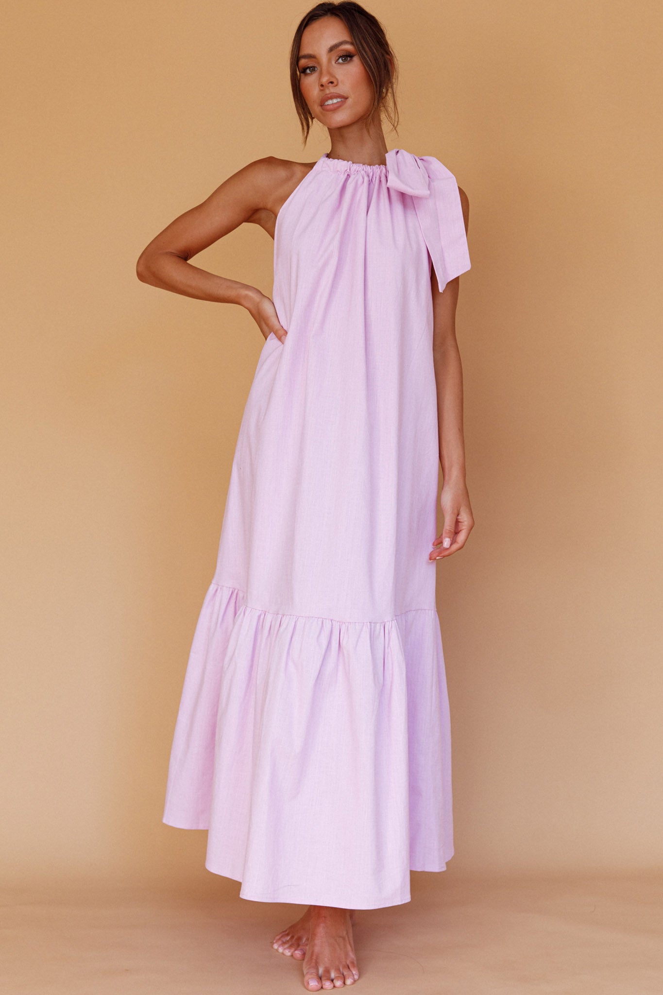 Cruise Shoulder Tie Maxi Dress Lilac by Selfie Leslie