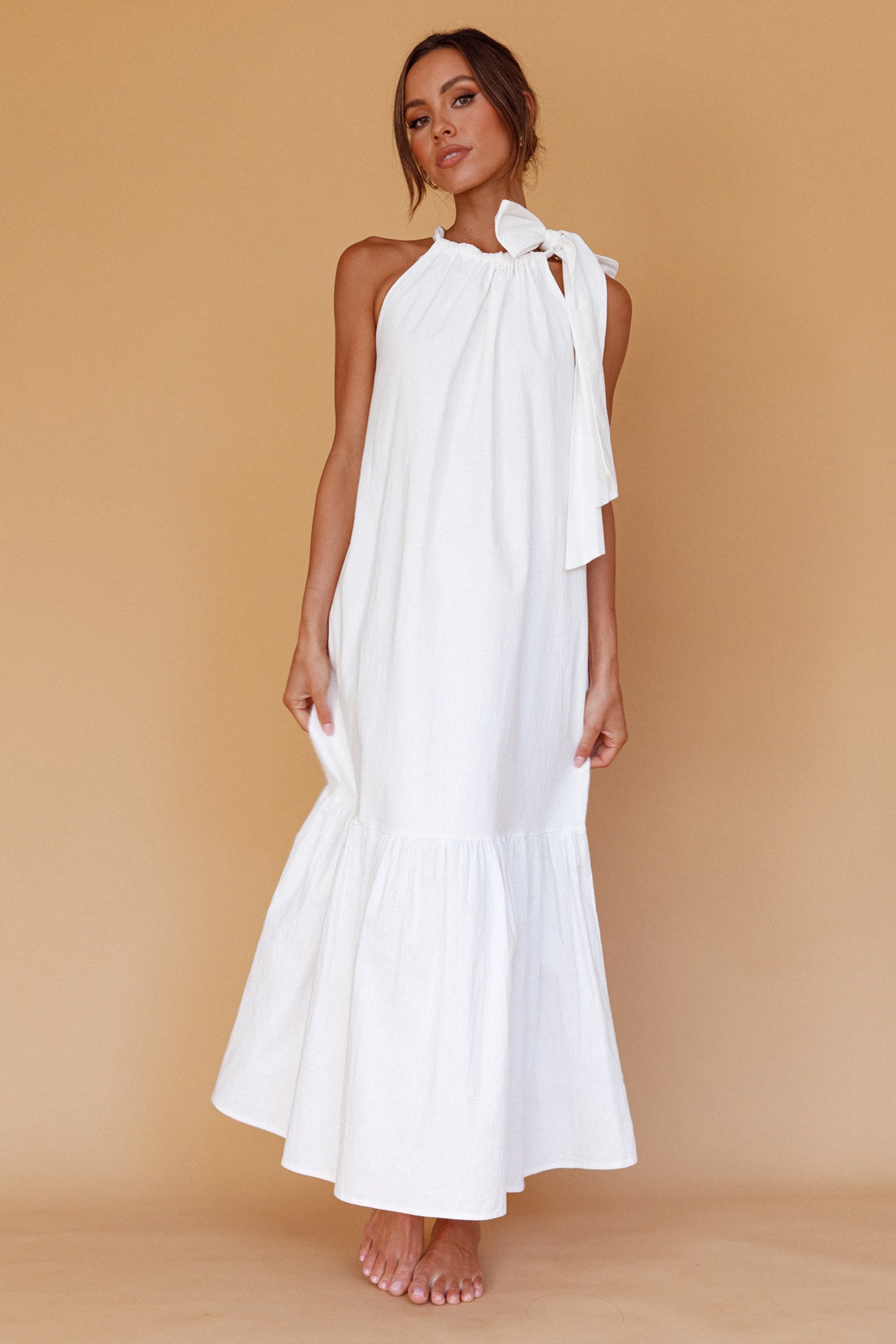 Cruise Shoulder Tie Maxi Dress White by Selfie Leslie