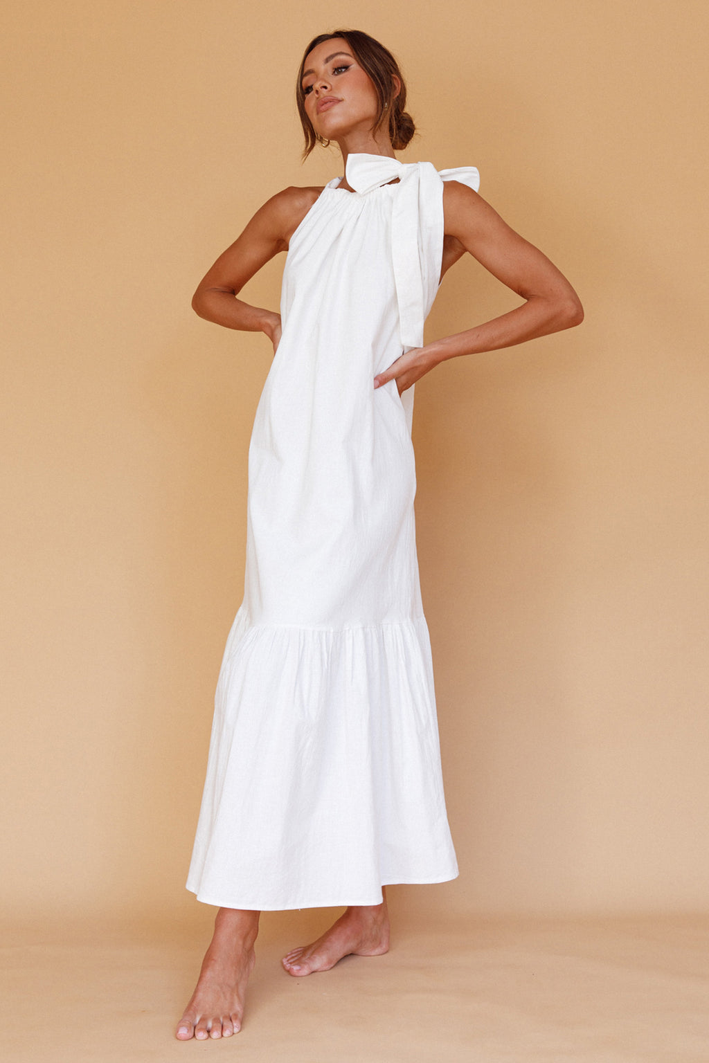 Cruise Shoulder Tie Maxi Dress White by Selfie Leslie