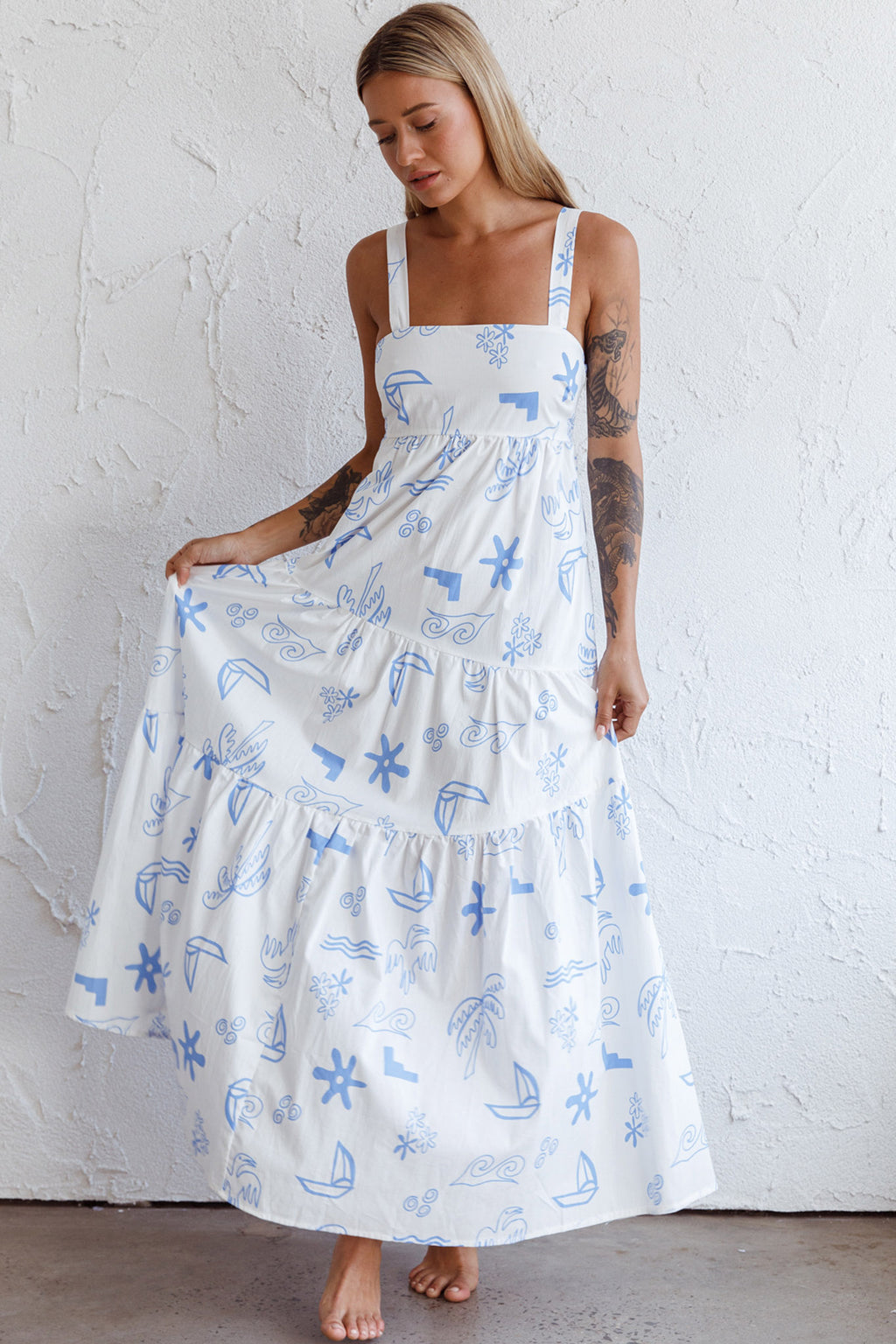 Indianna Square Neckline Maxi Dress Printed White by Selfie Leslie