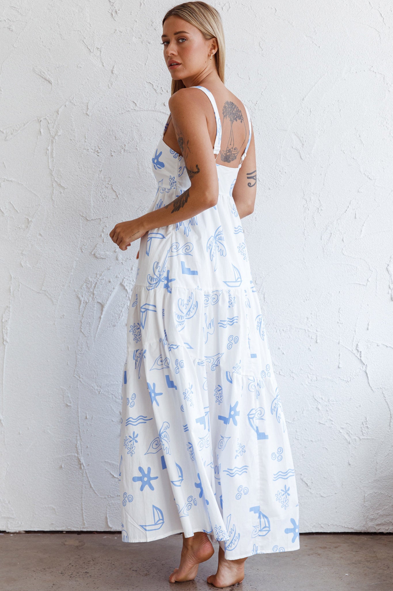 Indianna Square Neckline Maxi Dress Printed White by Selfie Leslie