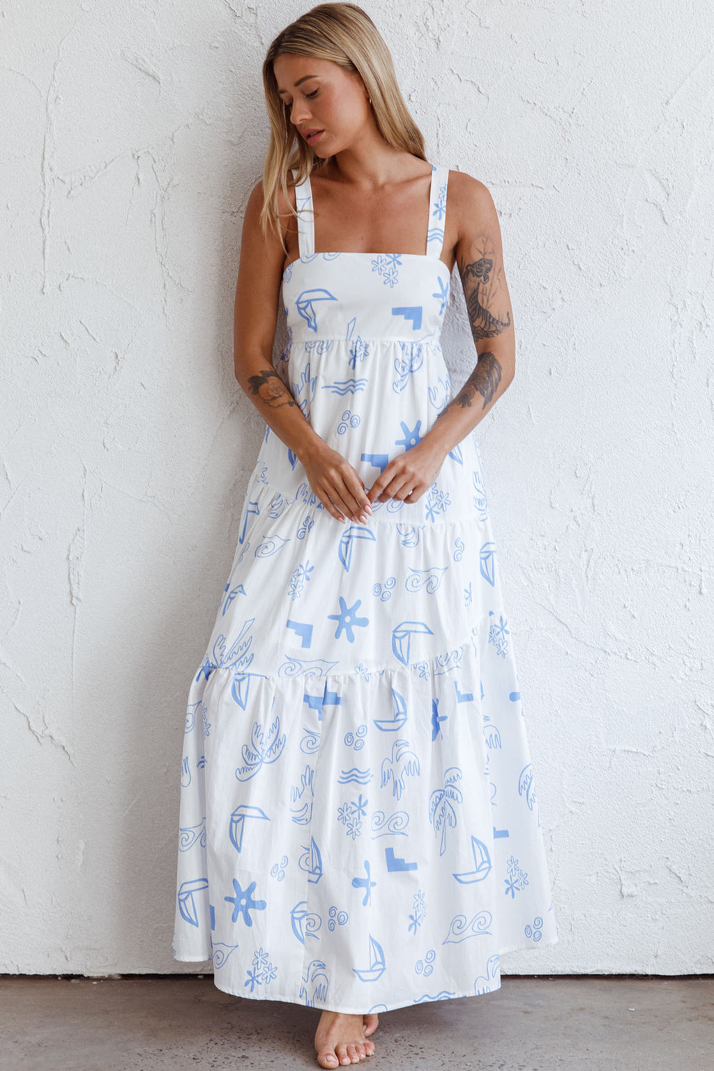 Indianna Square Neckline Maxi Dress Printed White by Selfie Leslie