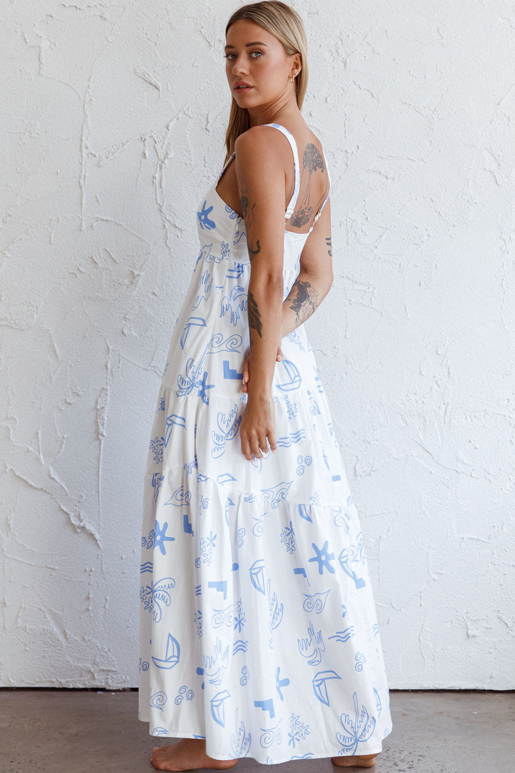 Indianna Square Neckline Maxi Dress Printed White by Selfie Leslie