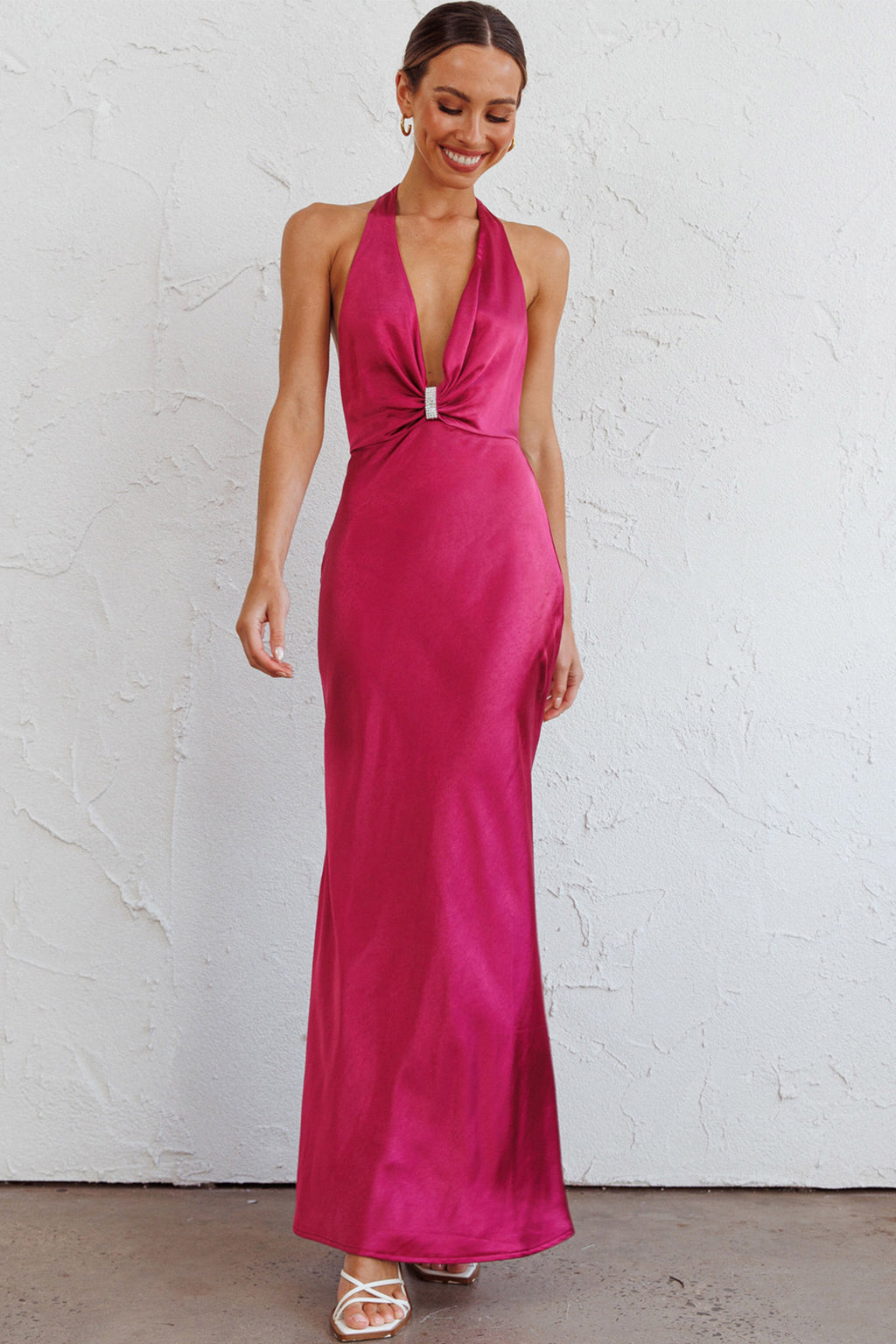 Oasis Diamante Halterneck Maxi Dress Fuchsia by Selfie Leslie