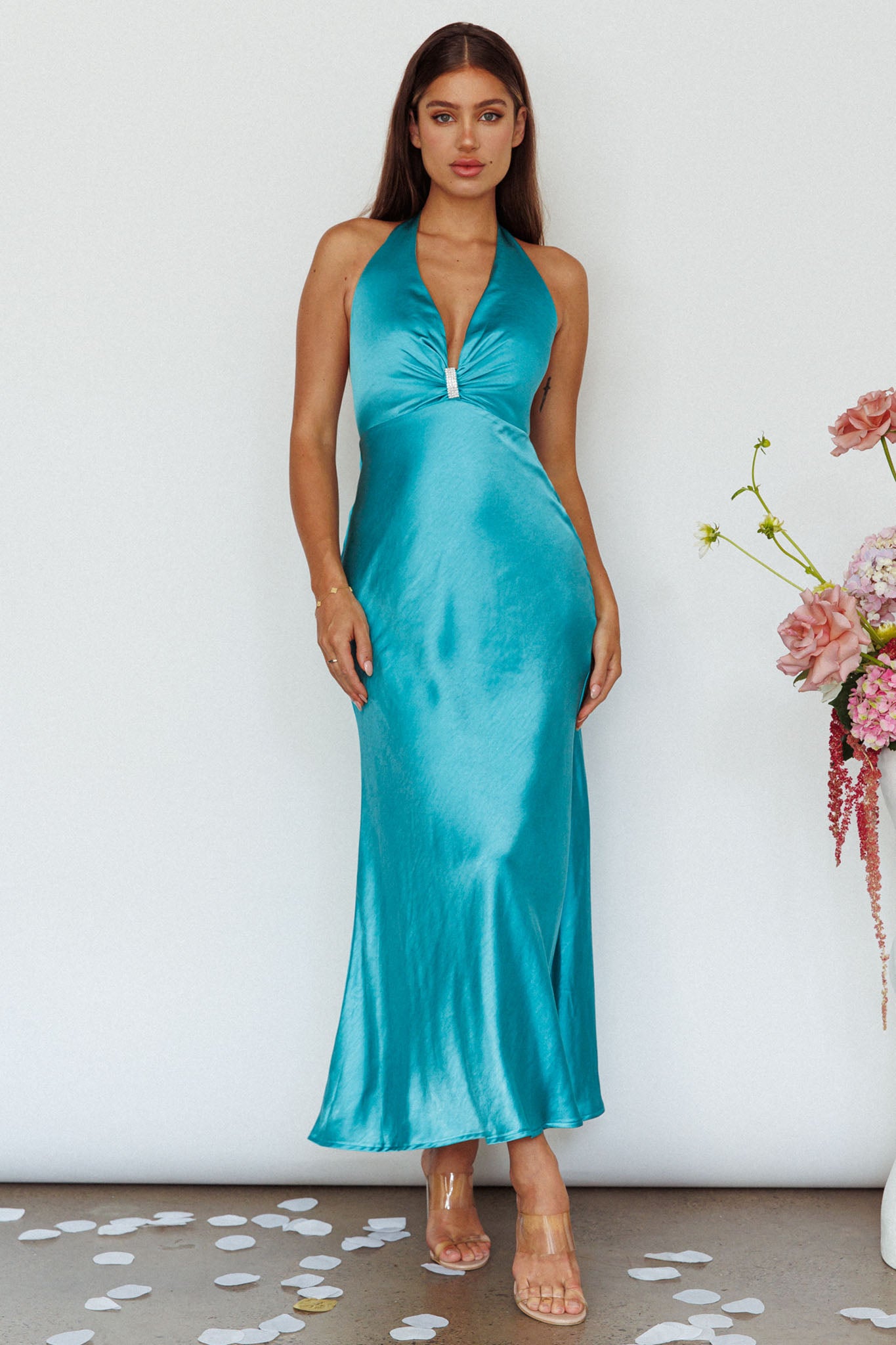 Shop the Oasis Diamante Halterneck Maxi Dress Turquoise