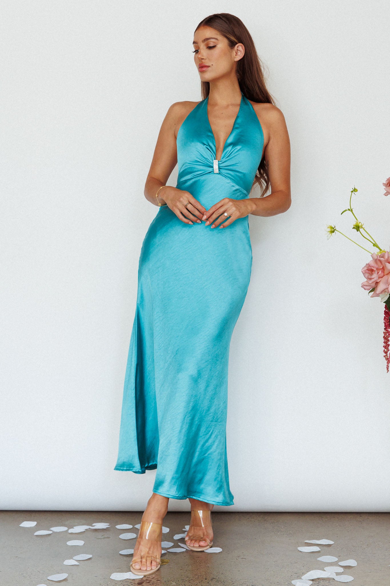 Oasis Diamante Halterneck Maxi Dress Turquoise by Selfie Leslie