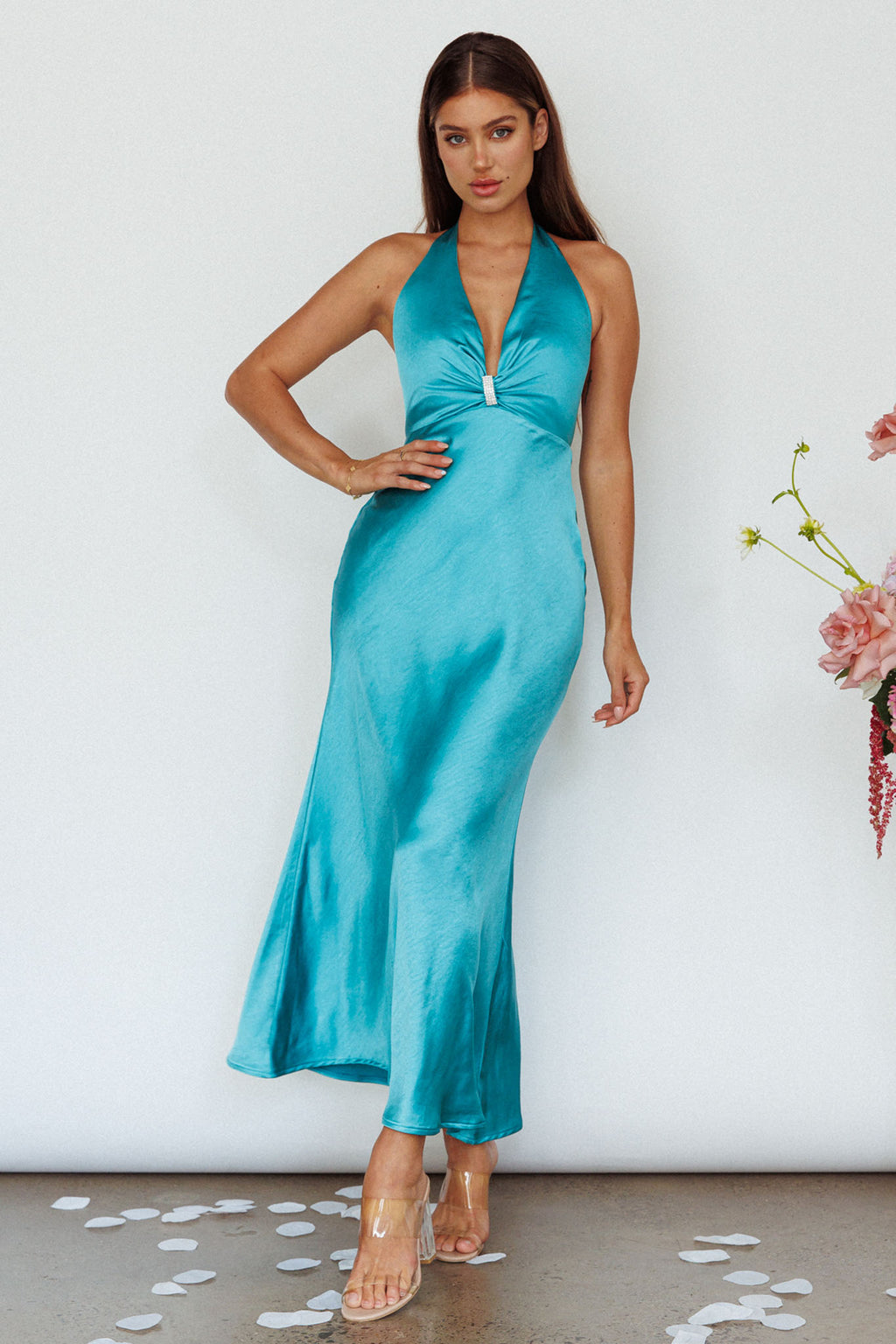 turquoise halter prom dress Strappy-Back Long Halter Prom Dress with Train Maroon / XSmall