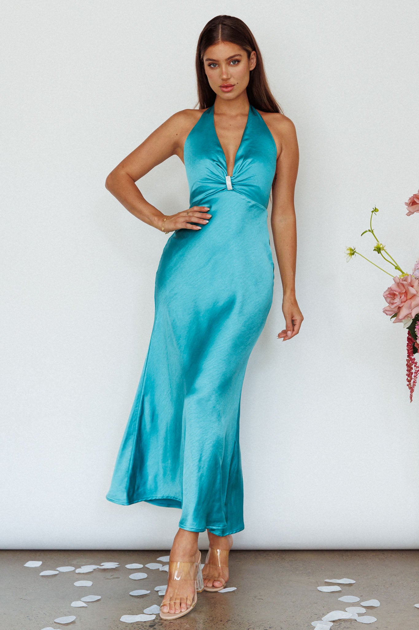 Oasis Diamante Halterneck Maxi Dress Turquoise by Selfie Leslie