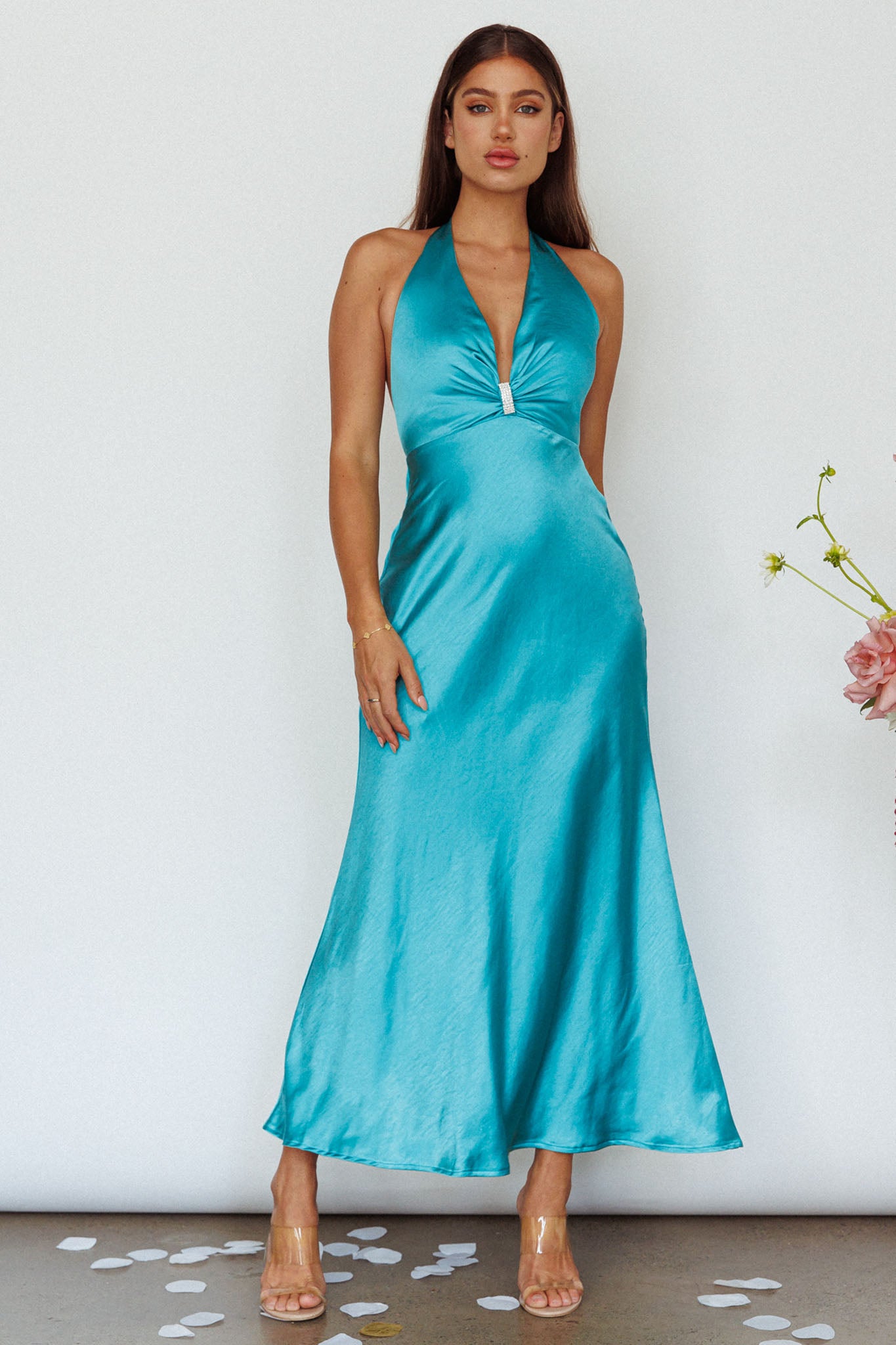 Oasis Diamante Halterneck Maxi Dress Turquoise by Selfie Leslie