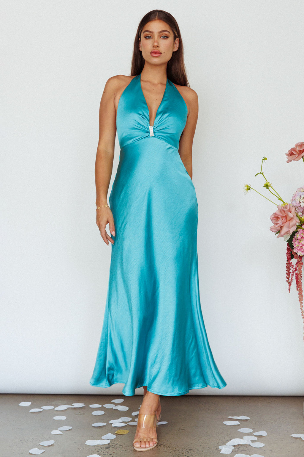 Oasis Diamante Halterneck Maxi Dress Turquoise by Selfie Leslie