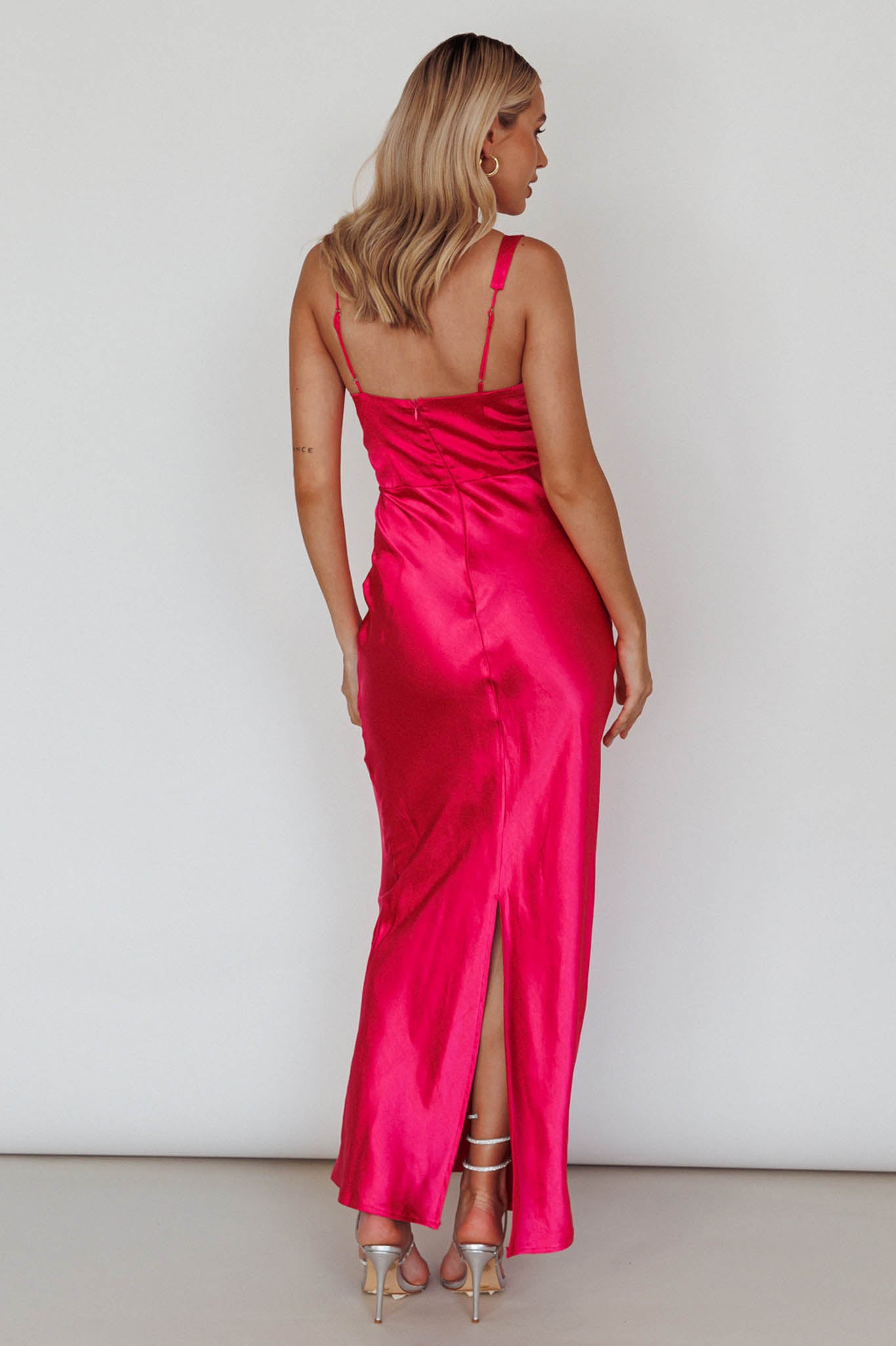 knee length dresses for ladies Caluna Hot Pink Satin Asymmetric-Neck Midi Dress With Scarf-Detail – Club L  London